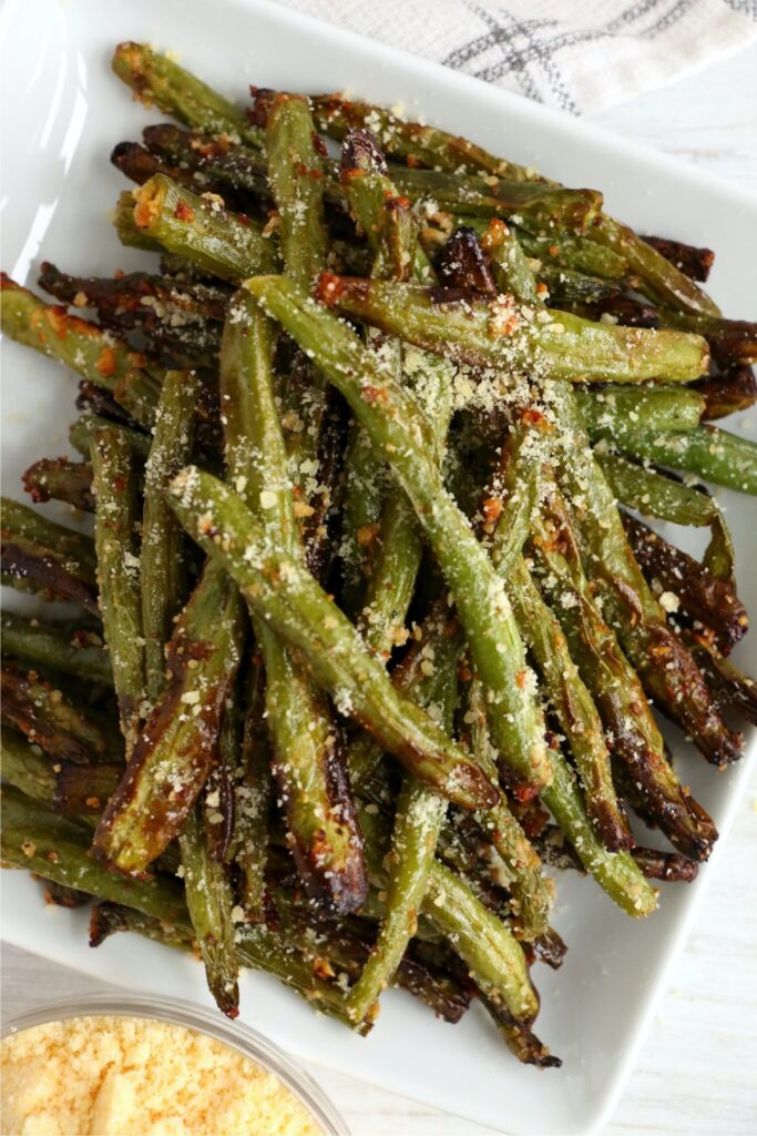 Overhead shot of air fryer green beans on plate