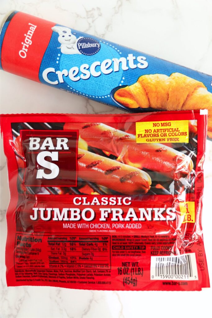 Overhead shot hof hot dogs and crescent rolls in their packaging