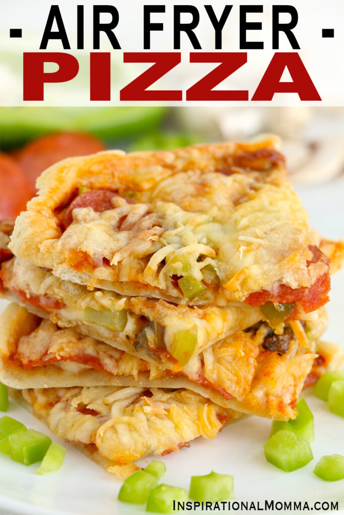 Closeup shot of air fryer pizza slices stacked atop one another