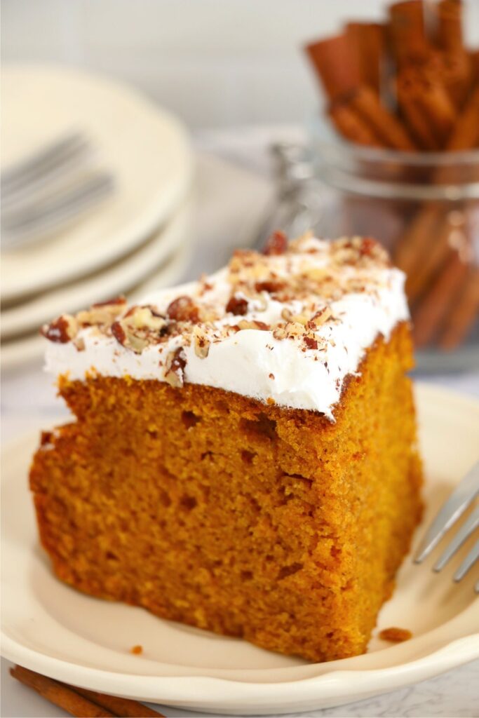 Closeup shot of slice of air fryer pumpkin cake on plate