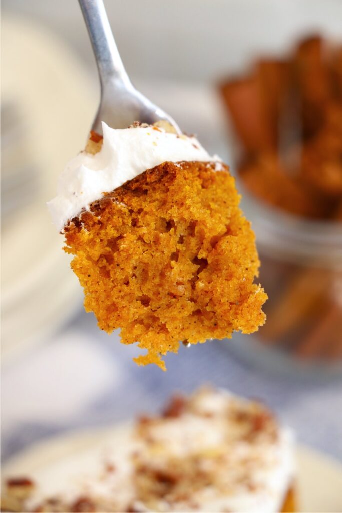 Closeup shot of forkful of air fryer pumpkin cake