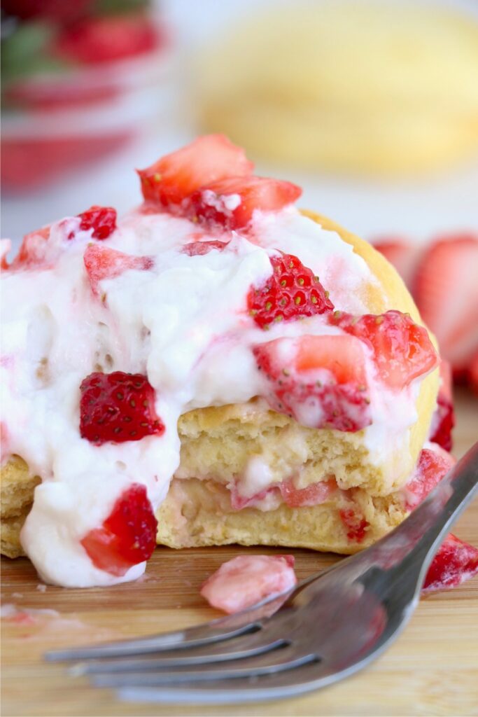 Closeup shot of air fryer strawberry shortcake with bite taken out