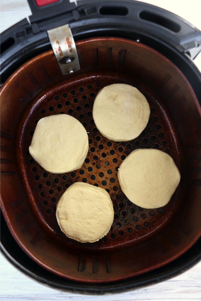 Overhead shot of biscuits in air fryer