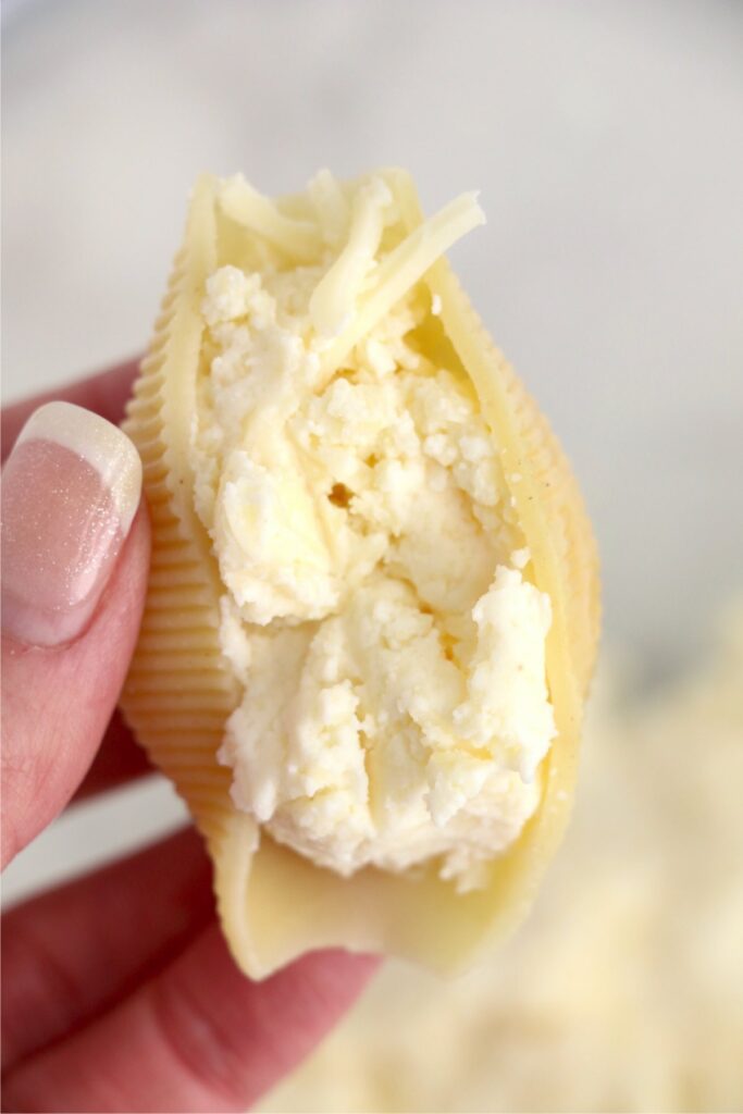 Closeup shot of hand holding shell stuffed with cheese mixture