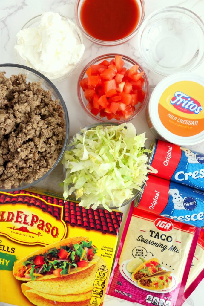 Overhead shot of taco ring ingredients on table