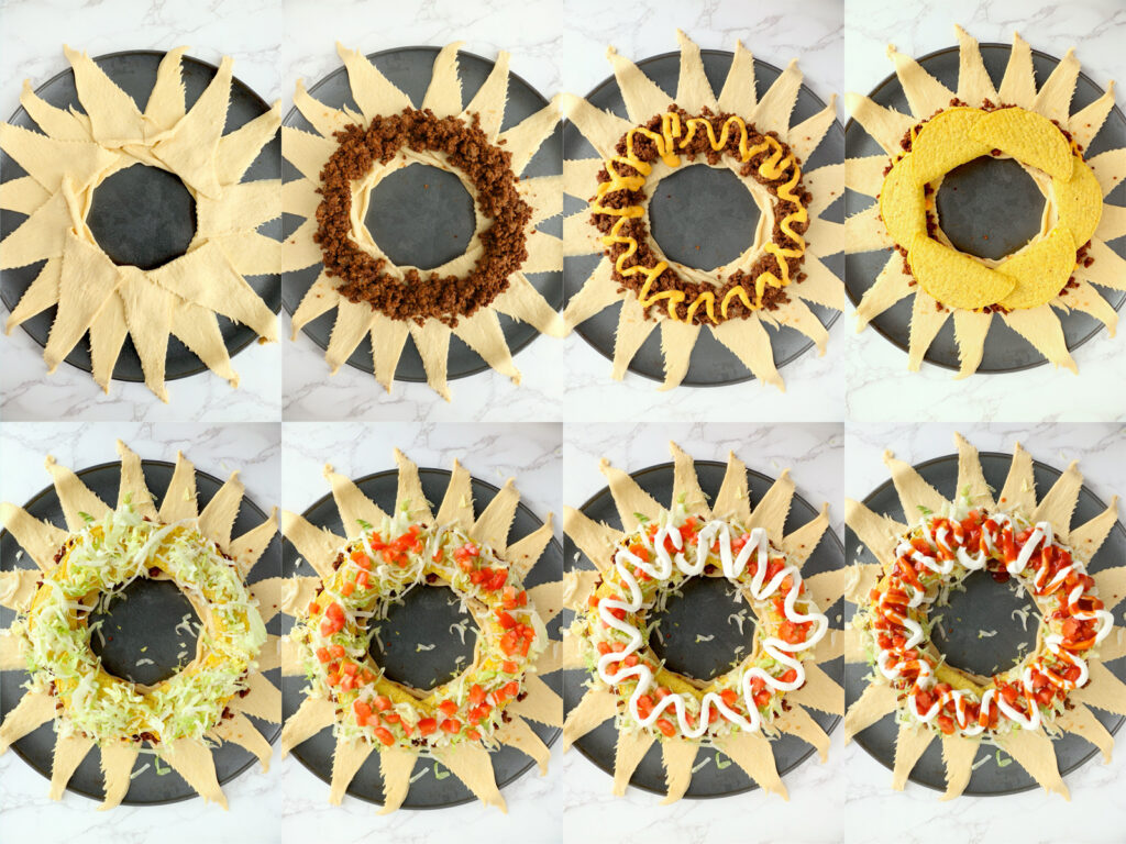 Collage of photos showing how to fold up the Taco Bell Crunchwrap Supreme ring