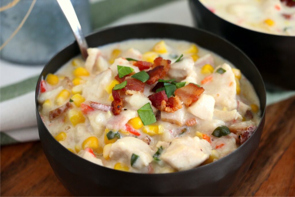 Closeup shot of bowlful of instant pot chicken corn chowder