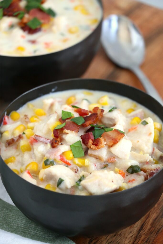 Closeup shot of bowlful of instant pot chicken corn chowder