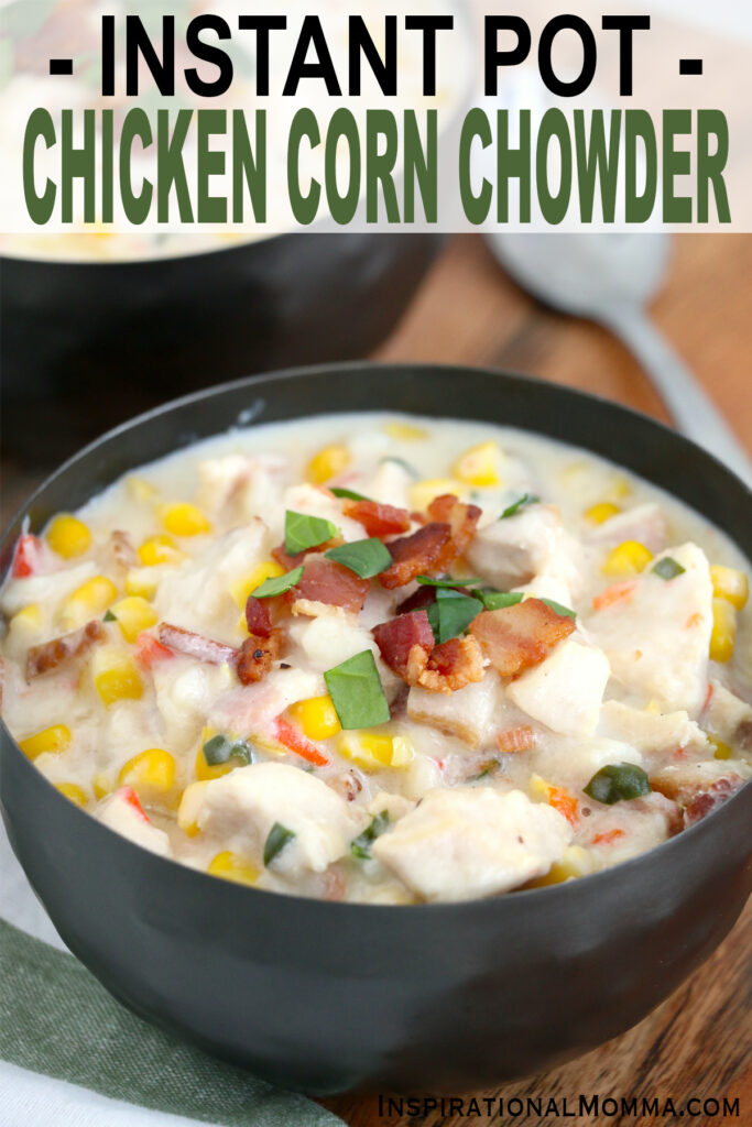 Closeup shot of bowlful of chicken corn chowder