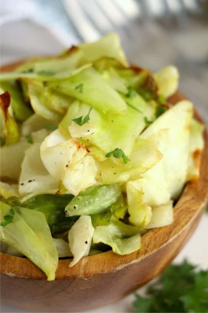 Closeup shot of air fryer cabbage in bowl