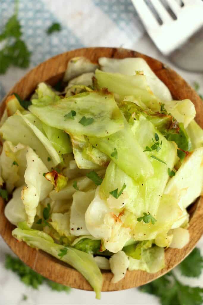 Overhead shot of air fryer cabbage in bowl