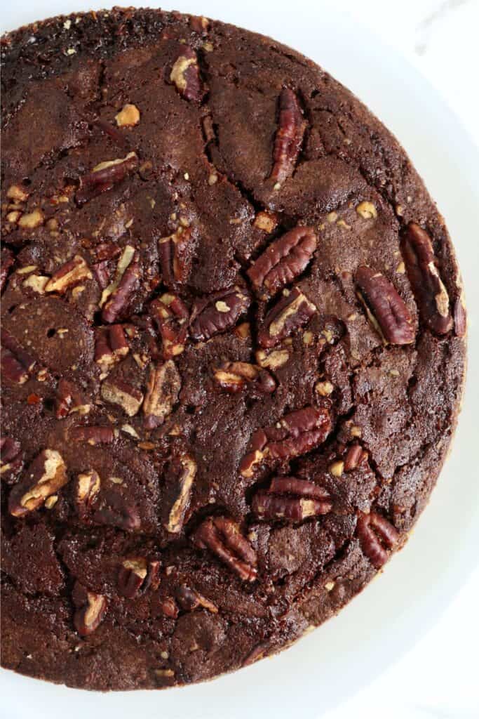 Overhead shot of uncut air fryer chocolate brownie