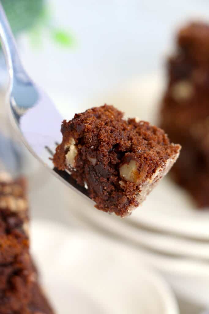 Closup shot of forkful of air fryer brownie