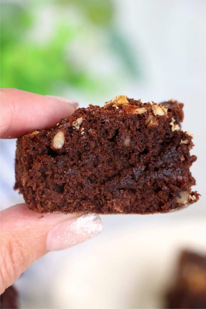 Closeup shot of hand holding a piece of air fryer brownie