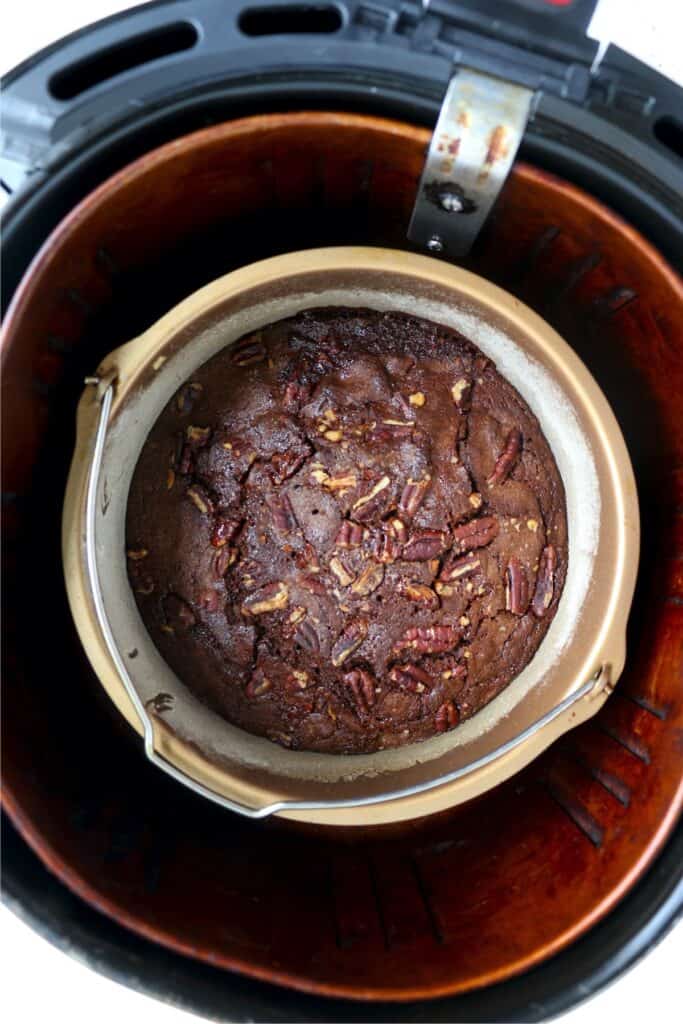 Overhead shot of cooked caramel brownie in air fryer