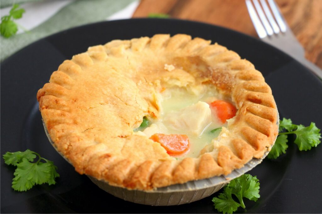 Closeup shot of air fryer chicken pot pie on plate