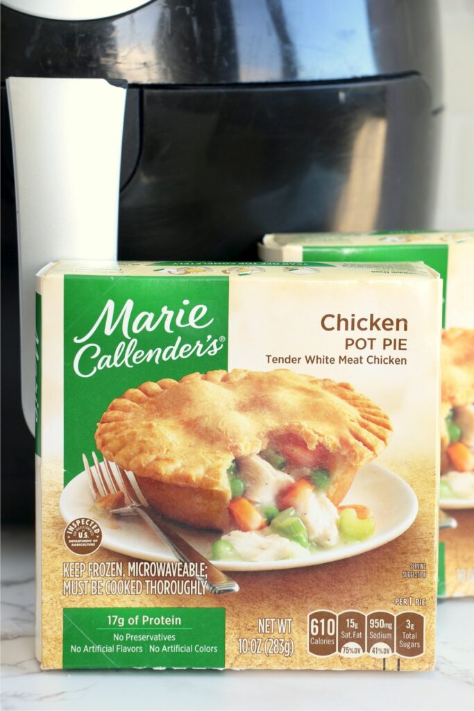 Marie Callender's Chicken Pot Pie in front of air fryer