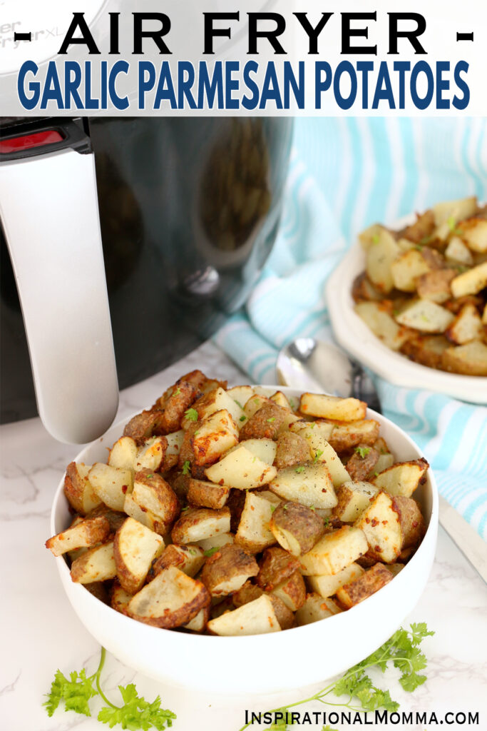 Bowlful of ari fryer garlic parmesan potatoes. 