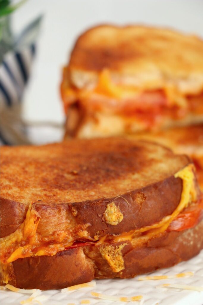 Closeup shot of air fryer grilled cheese and tomato sandwich