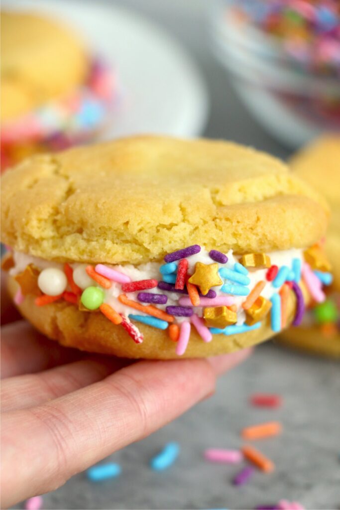 Closeup shot of hand holding air fryer sugar cookie whoopie pie