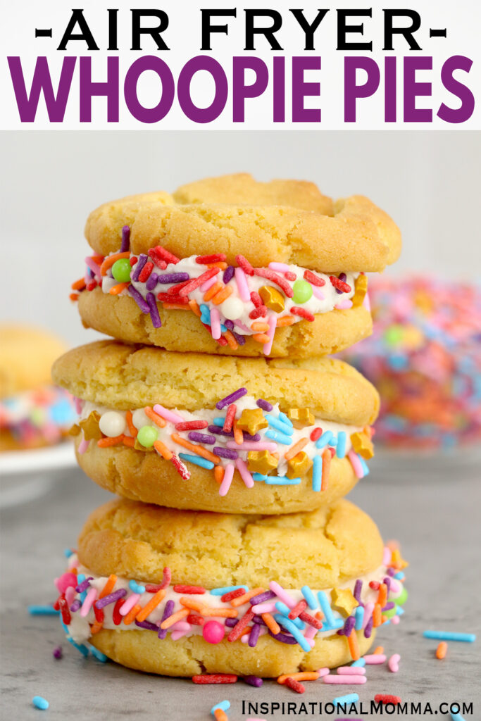 Air fryer sugar cookie whoopie pies stacked atop one another