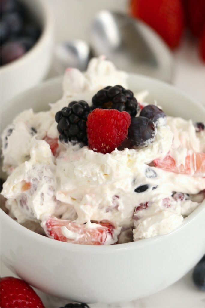 Closeup shot of berry cheesecake salad in bowl