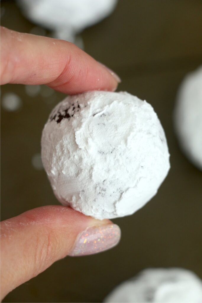 Closeup shot of hand holding cookie dough ball coated in powdered sugar