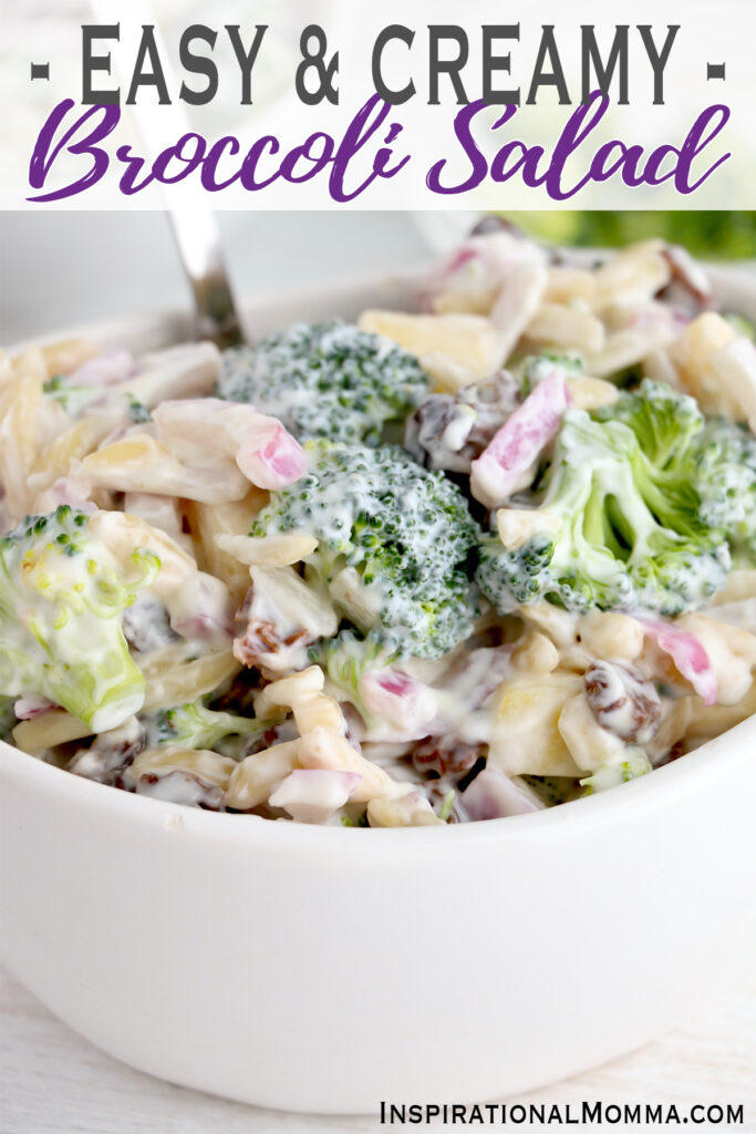 Closeup shot of creamy broccoli salad in bowl