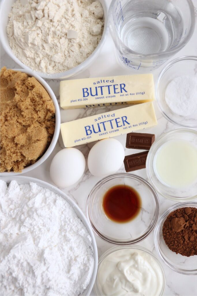 Overhead shot of individual cake ingredients on table