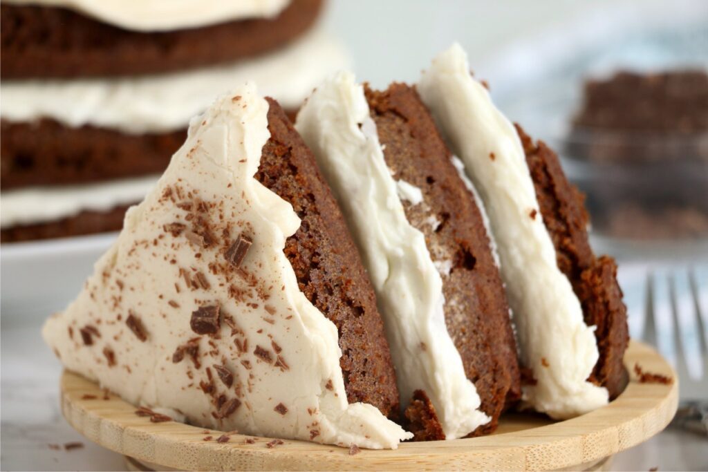 Closeup shot of slice of naked chocolate cake on plate.