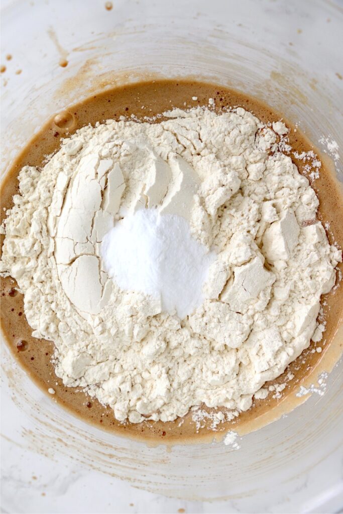 Flour and wet cake ingredients in bowl