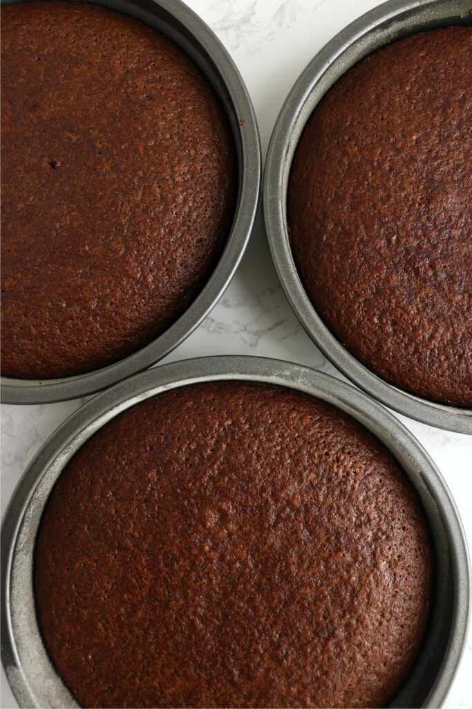 Overhead shot of three cake pans with baked cake