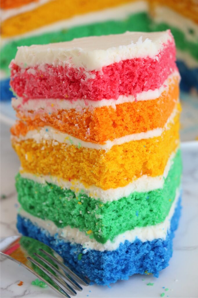  Closeup shot of naked rainbow cake on plate