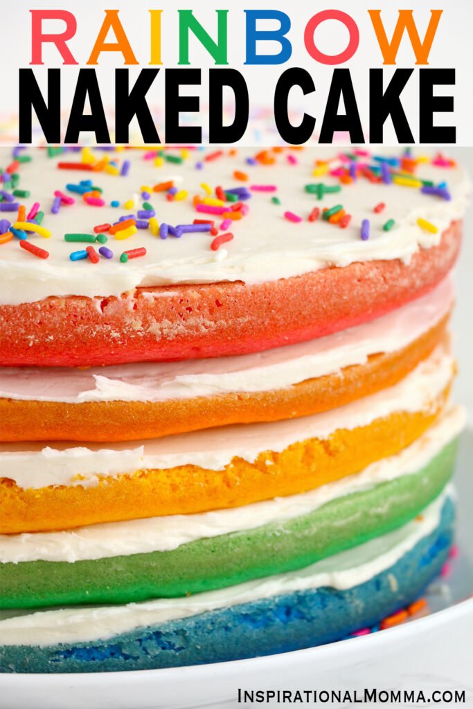 Closeup shot of naked rainbow cake.