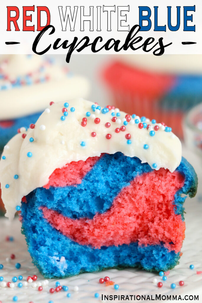 Closeup shot of red white and blue cupcake cut in half