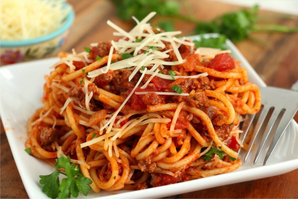 Closeup shot of school cafeteria spaghetti on plate