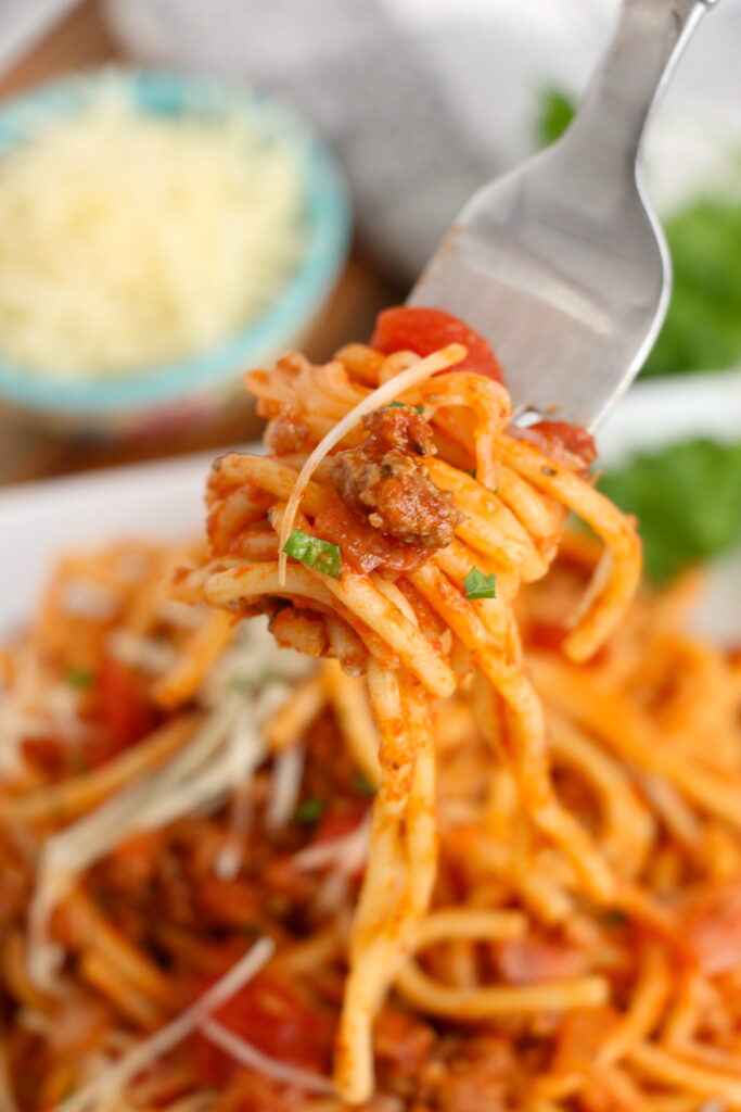 Closeup shot of forkful of school cafeteria spaghetti