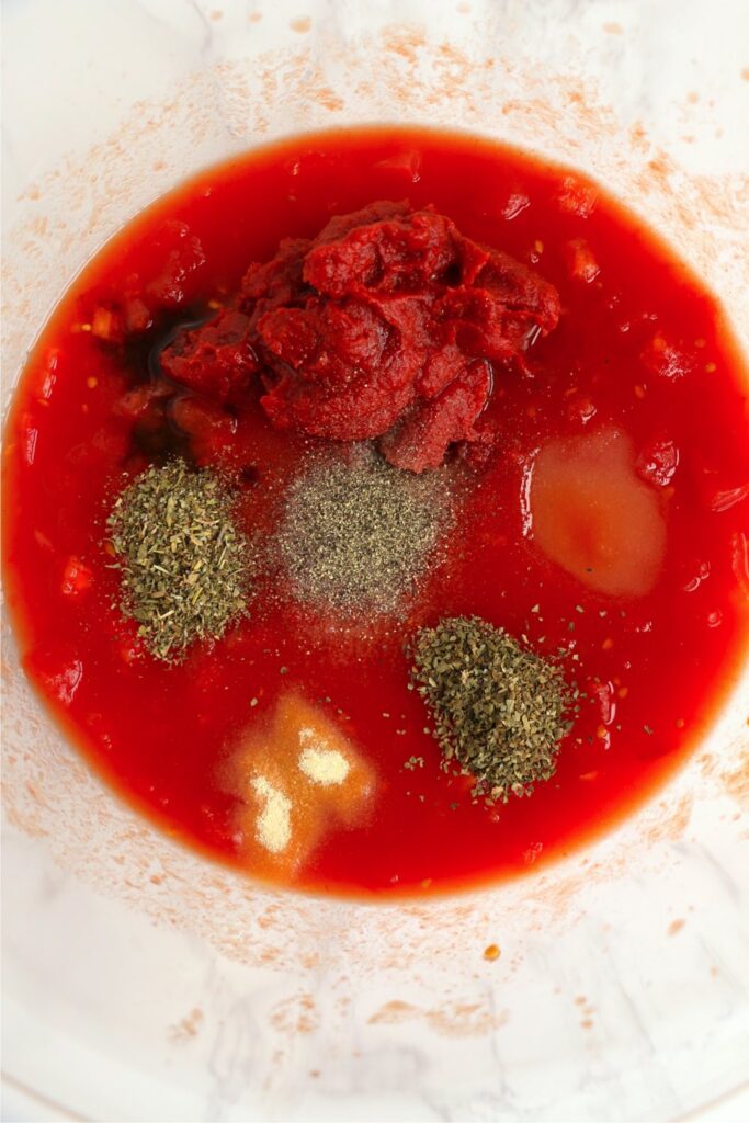Overheat shot of spaghetti sauce ingredients in bowl