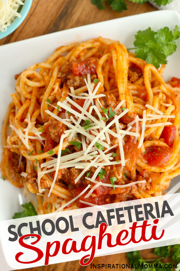 Overhead shot of school cafeteria spaghetti