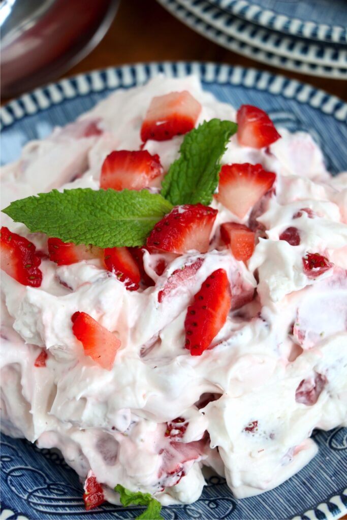 Closeup shot of strawberry cheesecake salad on plate