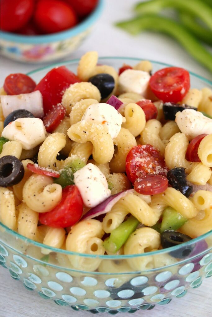 Closeup shot of summer pasta salad in bowl