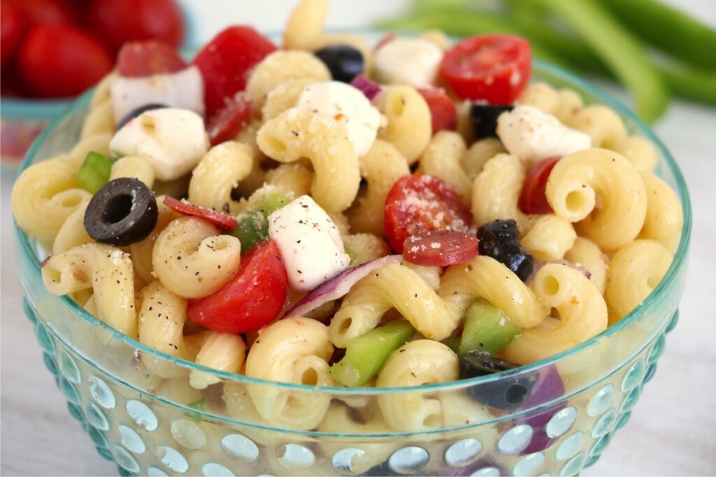 Closeup shot of summer pasta salad in bowl