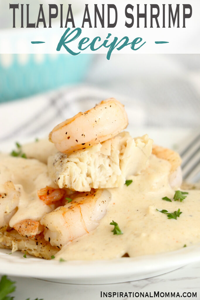 Closeup shot of tilapia and shrimp with sauce on plate