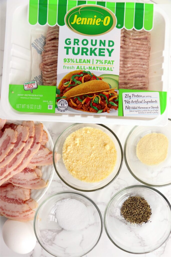 Overhead shot of individual meatloaf ingredients on table