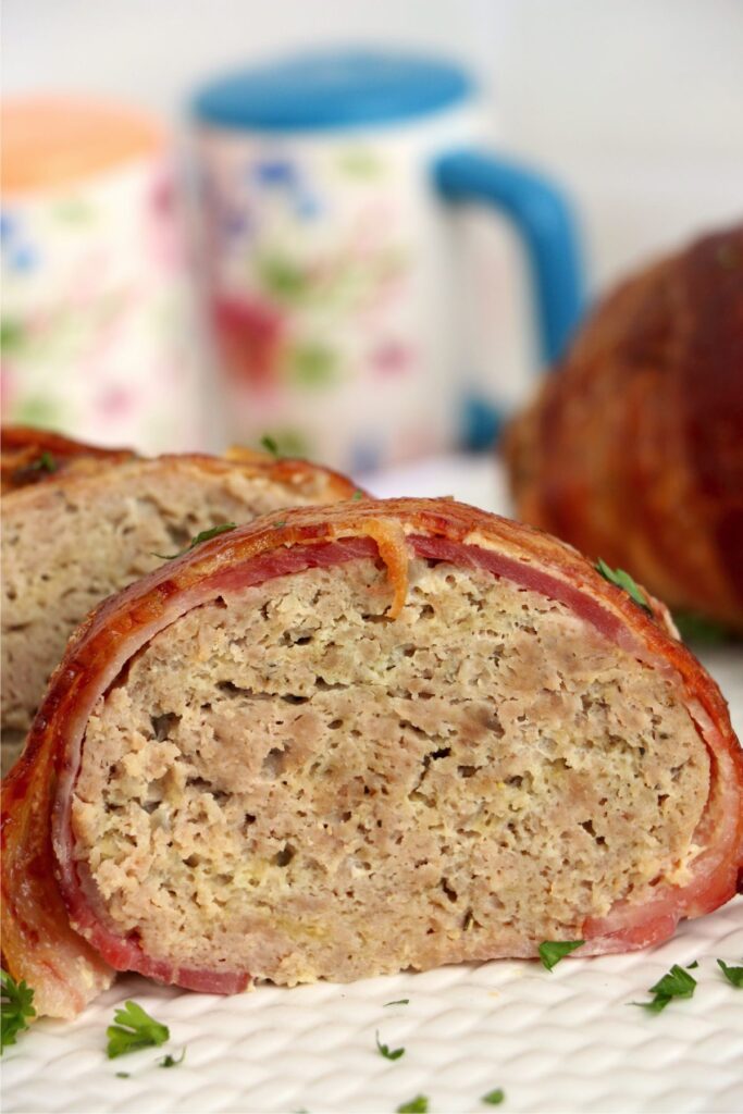 Closeup shot of sliced air fryer turkey meatloaf on plate