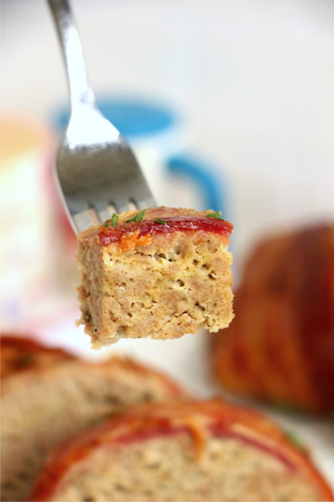 Closeup shot of forkful of air fryer meatloaf