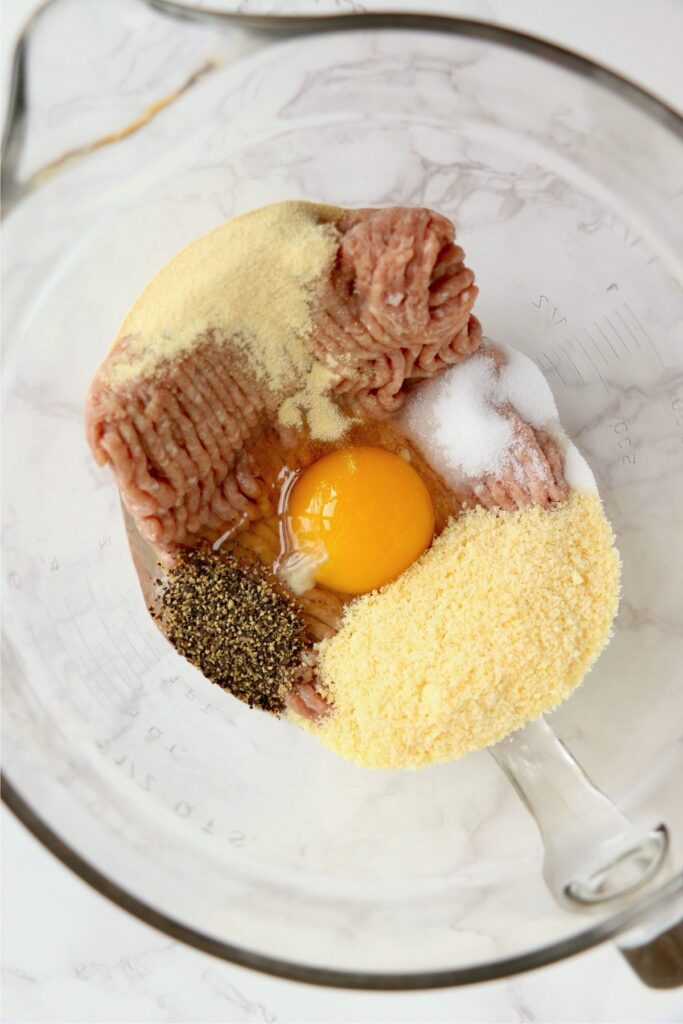 Overhead shot of meatloaf ingredients in bowl