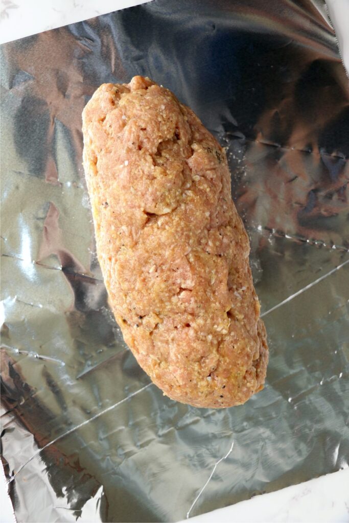 Overhead shot of turkey mixture formed into loaf