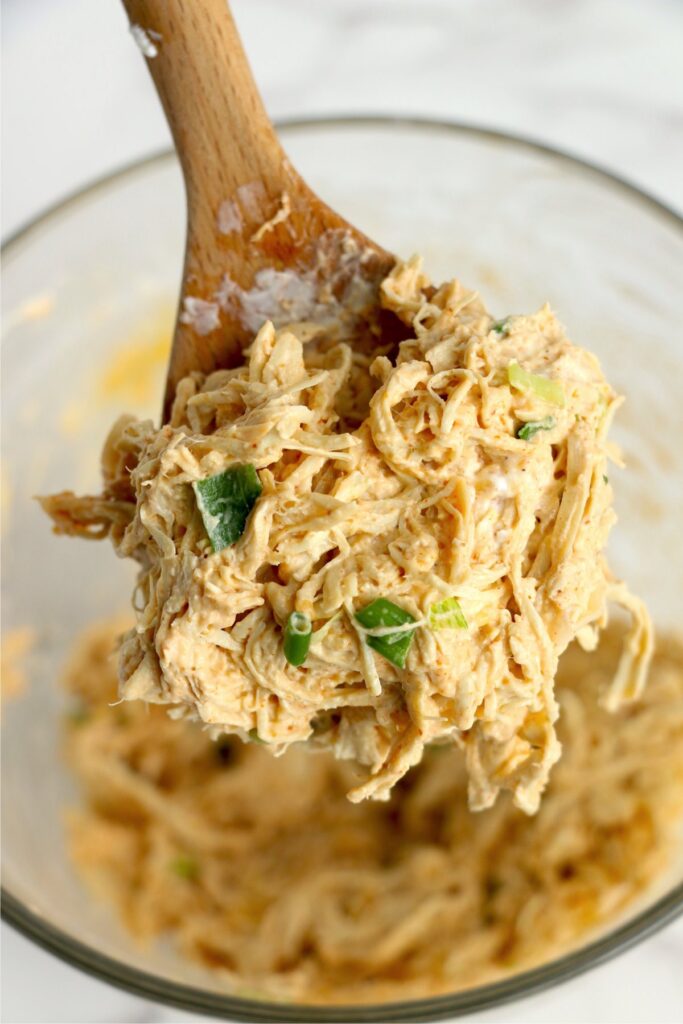 Closeup shot of spoonful of Buffalo chicken salad over bowl