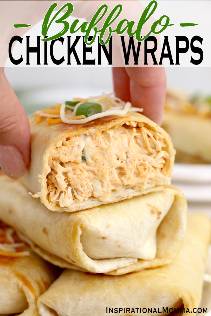 Closeup shot of stack of Buffalo chicken wraps with top wrap cut in half